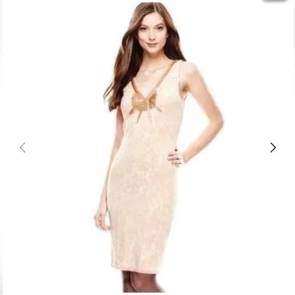 Free People Beaded V-Neck Tank Dress Pink Beige Floral Boho Mini Dress
